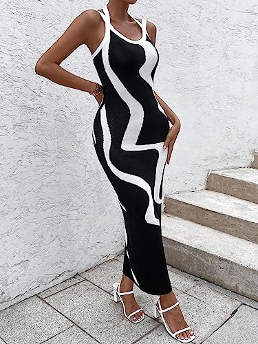 GORGLITTER Women's Colorblock Split Thigh Sweater Dress Sleeveless Scoop Neck Tie Back Midi Dress Black and White Medium