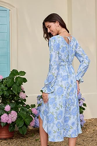 Women's Floral Midi Dress Elastic Waist V Neck Lantern Sleeve Kimono Maxi Dresses with Pocket Green XL