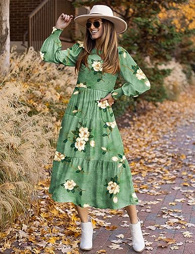 YESNO Women Casual Maxi Dresses Long Sleeve Boho Smocked Elastic Waist Flowy Tiered Dress with Pockets L E05TYP2 CR19