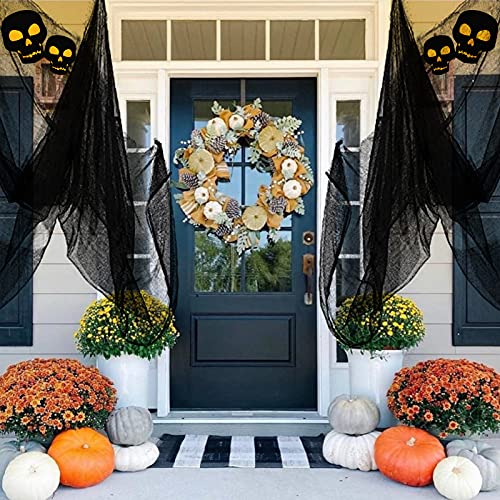 Yunfan 355" x 79" Halloween Creepy Cloth + Spider Web Halloween Decorations Outdoor Indoor Party Yard Spooky Backdrops Decor Supplies for Garden,Doorways,Haunted House,Windows,Home