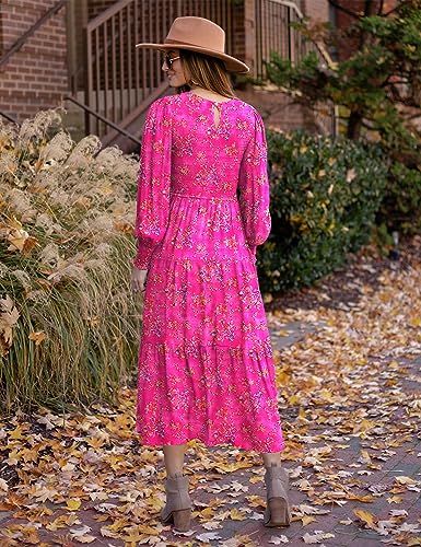 YESNO Women Casual Maxi Dresses Long Sleeve Boho Smocked Elastic Waist Flowy Tiered Dress with Pockets L E05TYP2 CR19