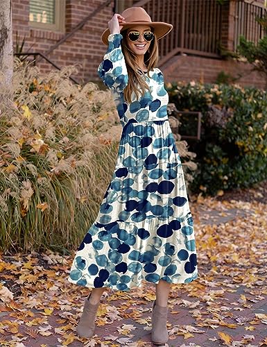 YESNO Women Casual Maxi Dresses Long Sleeve Boho Smocked Elastic Waist Flowy Tiered Dress with Pockets L E05TYP2 CR19