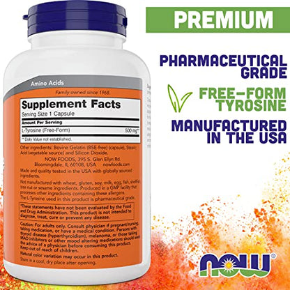 Now Foods L-Tyrosine 500mg, 300 Capsules - Non GMO - Supports Mental Alertness - 500 mg Caps - Free Form Supplement