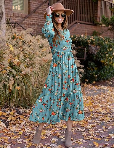 YESNO Women Casual Maxi Dresses Long Sleeve Boho Smocked Elastic Waist Flowy Tiered Dress with Pockets L E05TYP2 CR19