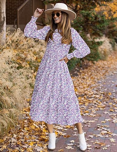 YESNO Women Casual Maxi Dresses Long Sleeve Boho Smocked Elastic Waist Flowy Tiered Dress with Pockets L E05TYP2 CR19