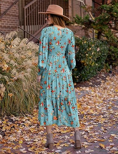 YESNO Women Casual Maxi Dresses Long Sleeve Boho Smocked Elastic Waist Flowy Tiered Dress with Pockets L E05TYP2 CR19